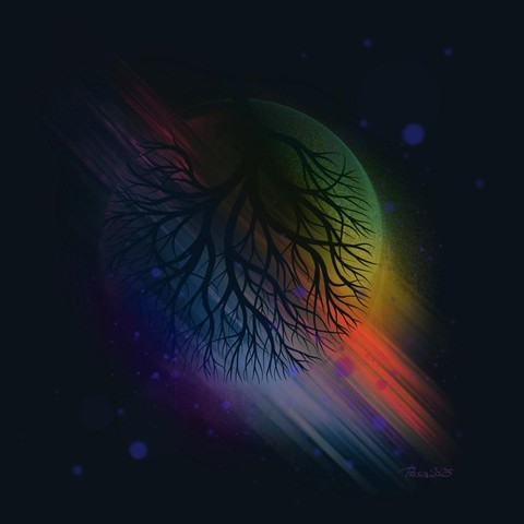 watercolour & ink; dark blue background with a sphere of which only the top left is visible in blue, streaks of rainbow colour overlap in a top left to bottom right diagonal; light dots of purple are scatter across, the silhouette of a bare branched tree hangs upside down.