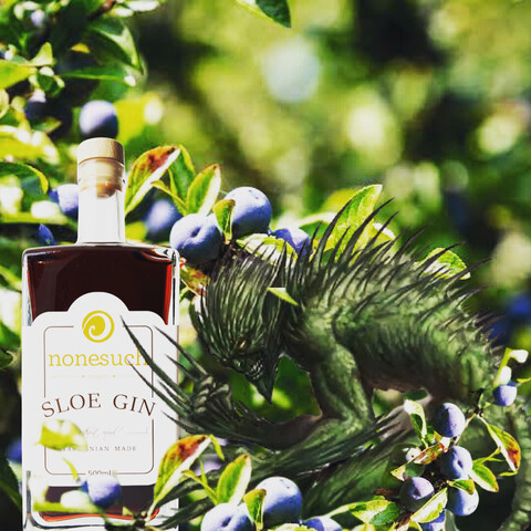 Nonesuch sloe gin among blackthorn with sloes and being guarded by a mythical Moon Fairy
