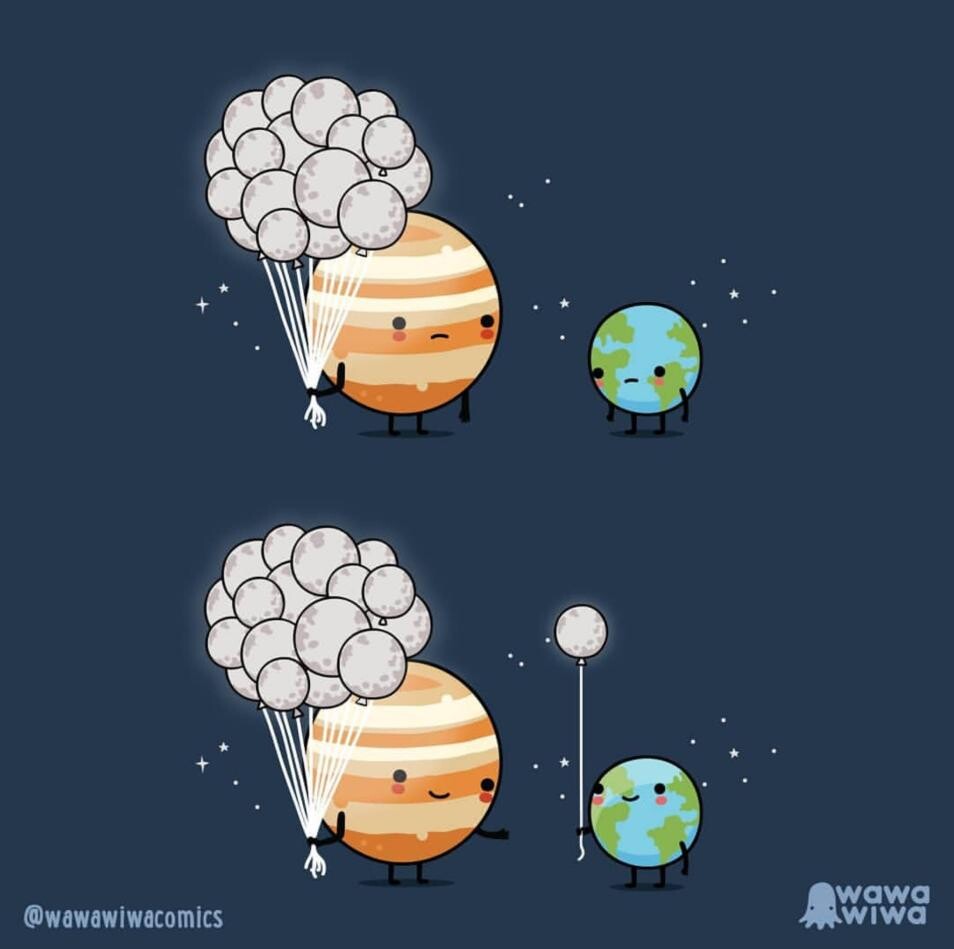 WAWAWIWA comics cartoon of planet Jupiter sharing one of its many moons with sad little Earth who didn't have any to make it happy