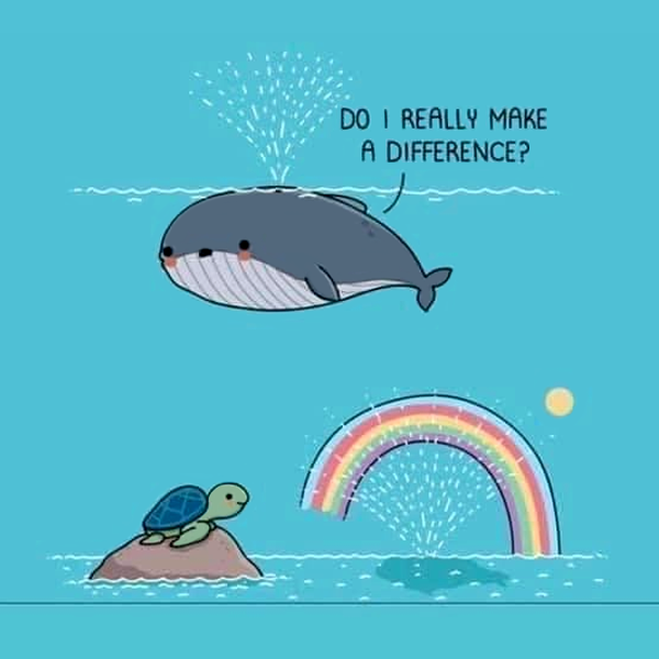 WAWAWIWA cartoon of a sad whale breaching under water thinking "Do I really make a difference?" and a little turtle sitting on an ocean rock nearby seeing the whale's breach creating a little rainbow against the sun, smiling happily