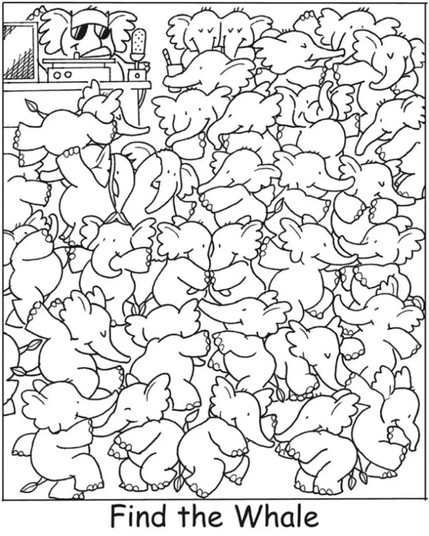 search game monochrome illustration of lots of elephants at a party and the words "Find the Whale" 