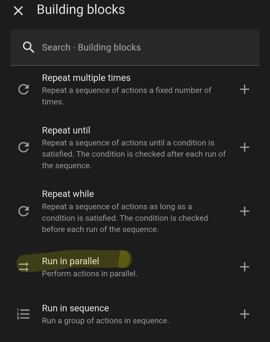 HA building blocks menu with the "run in parallel" item highlighted