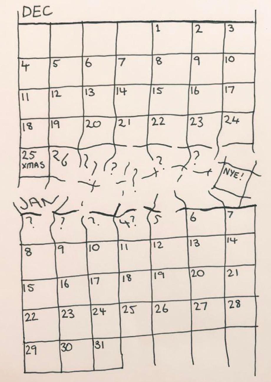 hand-drawn calendar page for December and January with some dates missing. Several days between Christmas and NYE are obscured by scribbles and question marks, showing the coming blur ahead. January only resumes normal numbering from the 6th.