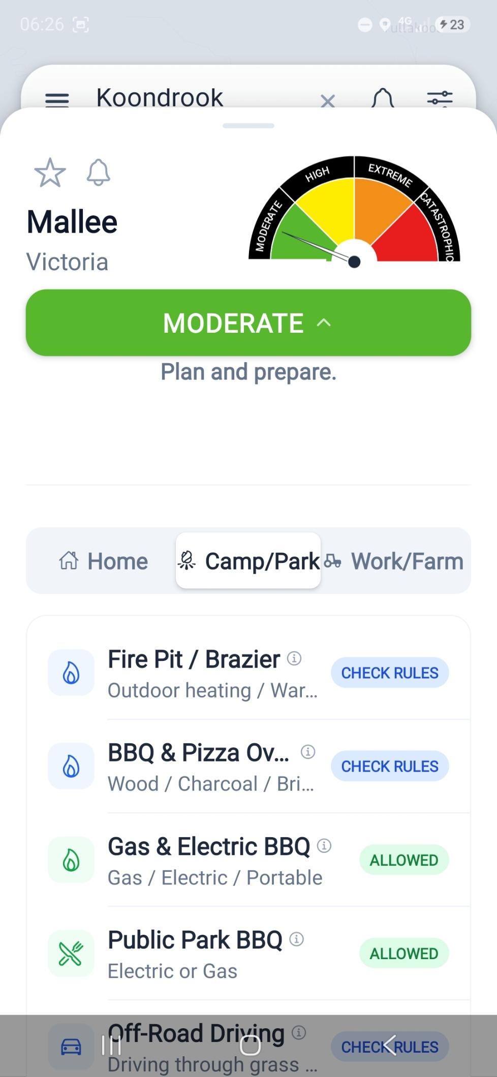 Screengrab of app showing the Mallee region and what you're allowed to do in a camp or park