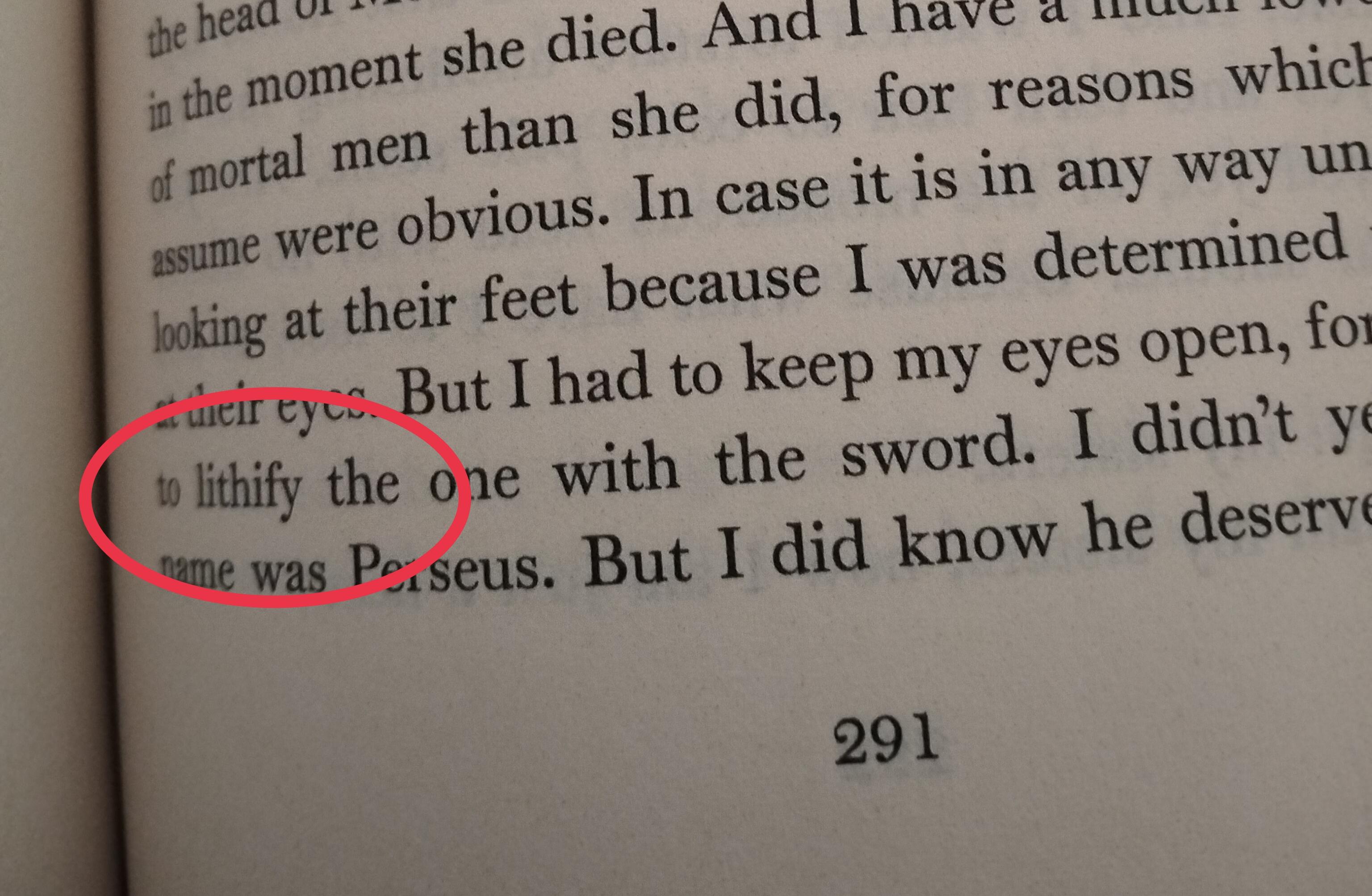 "lithify" highlighted on the page of a novel.