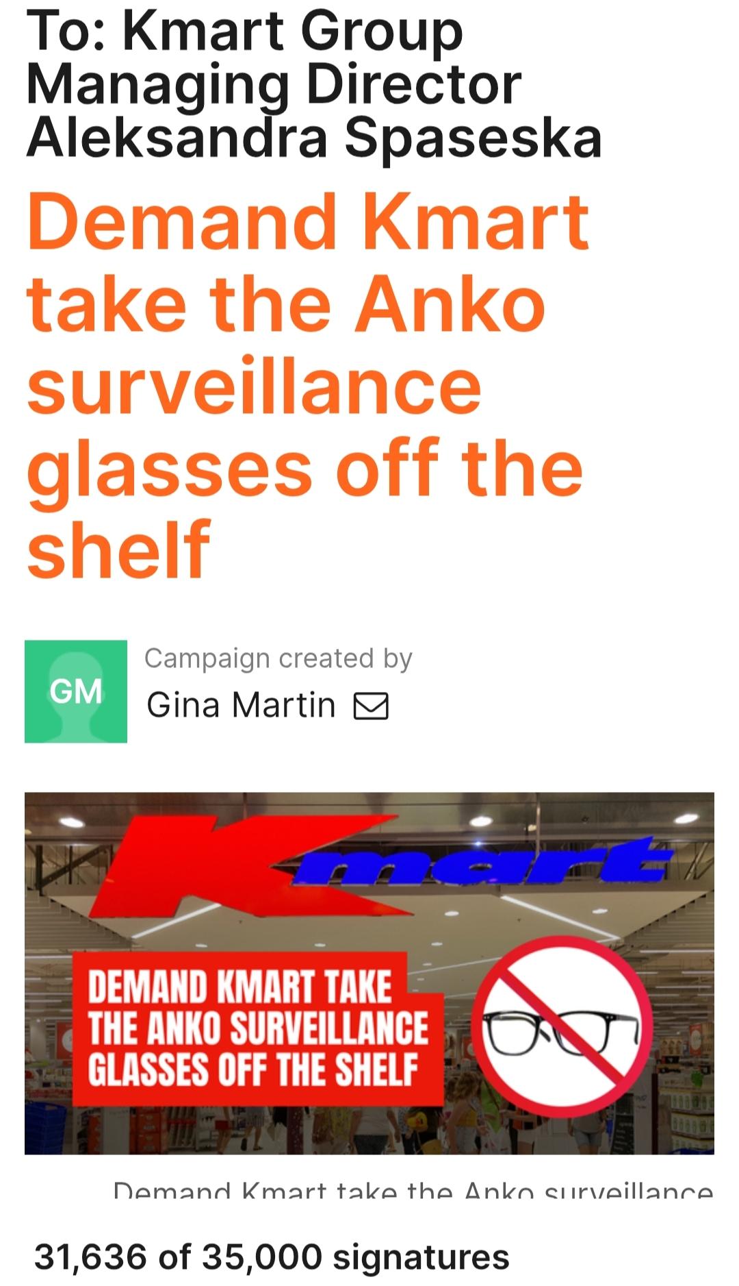 GetUp petition to remove Kmart covert surveillance glasses from sale.