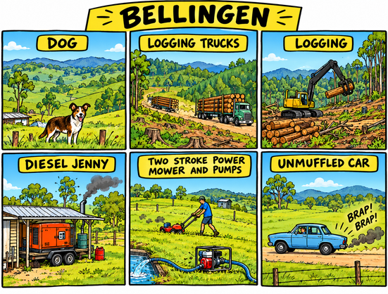 Bellingen in a nutsehll: petrol, dogs, logging and noise cartoon, Chat GPT helped